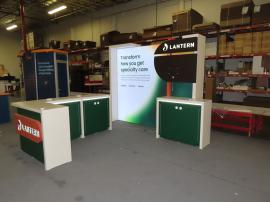 Custom Inline with SuperNova Backlit Fabric Graphic, Wood Frame, Monitor Mount with Graphic Support Panels, Backlit Logos, Backwall Counter with RGB LED Accent Lights, and L-Shaped Counter with Backlit Logo, RGB LED Accent Lights, and Locking Storage -- V